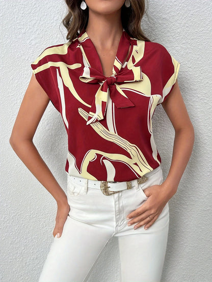 Brush Print Tie Neck Blouse, Elegant Short Sleeve Top For Spring & Summer, Women's Clothing Claret