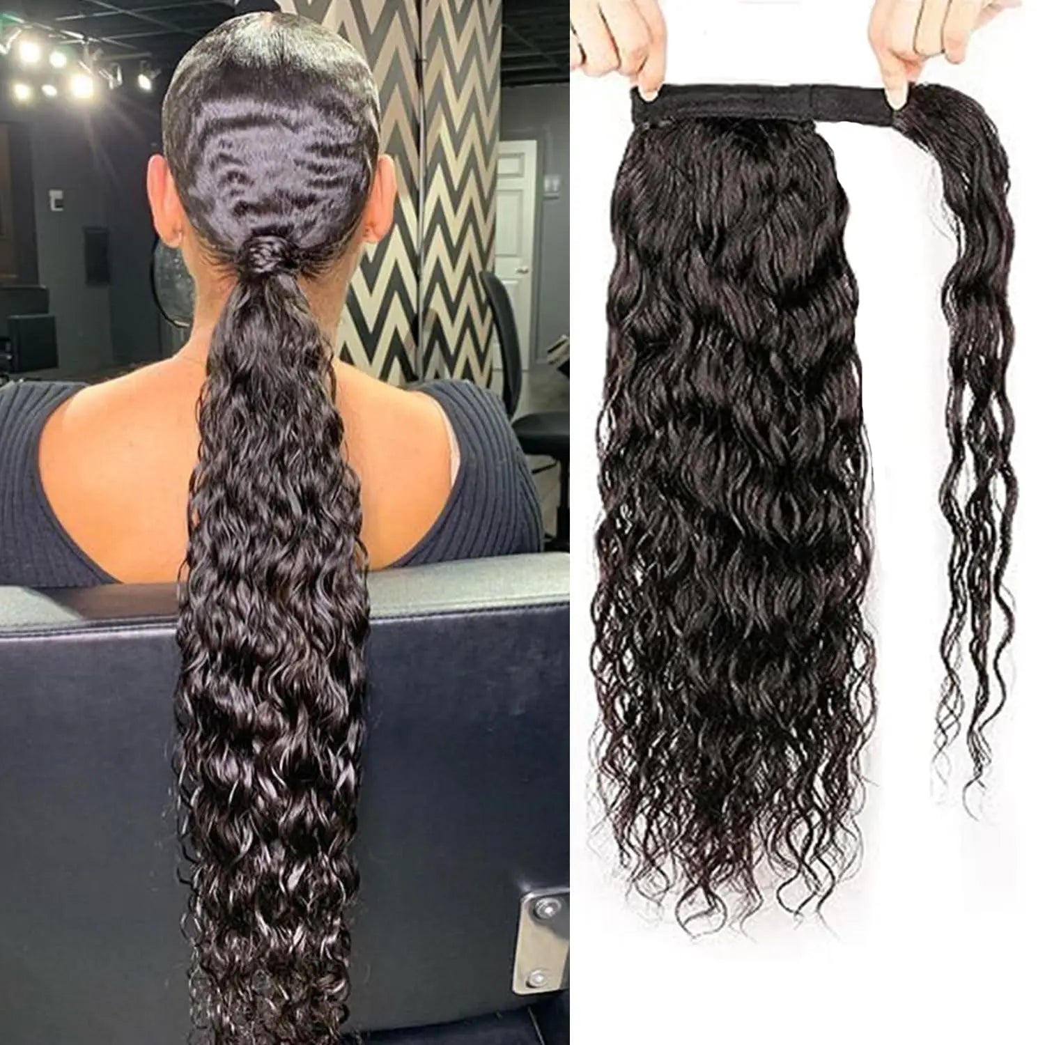 100G Ponytail Human Hair Extensions Straight Wrap Around Horsetail 100% Remy Human Hair 10"-32" Ponytail Extension for Women Water Wave