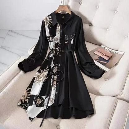 Print Vintage A-Line With Belt Loose Polo Neck Women's Dress Single-Breasted Knee Length Dresses For Women Clothing 2024 Fashion black