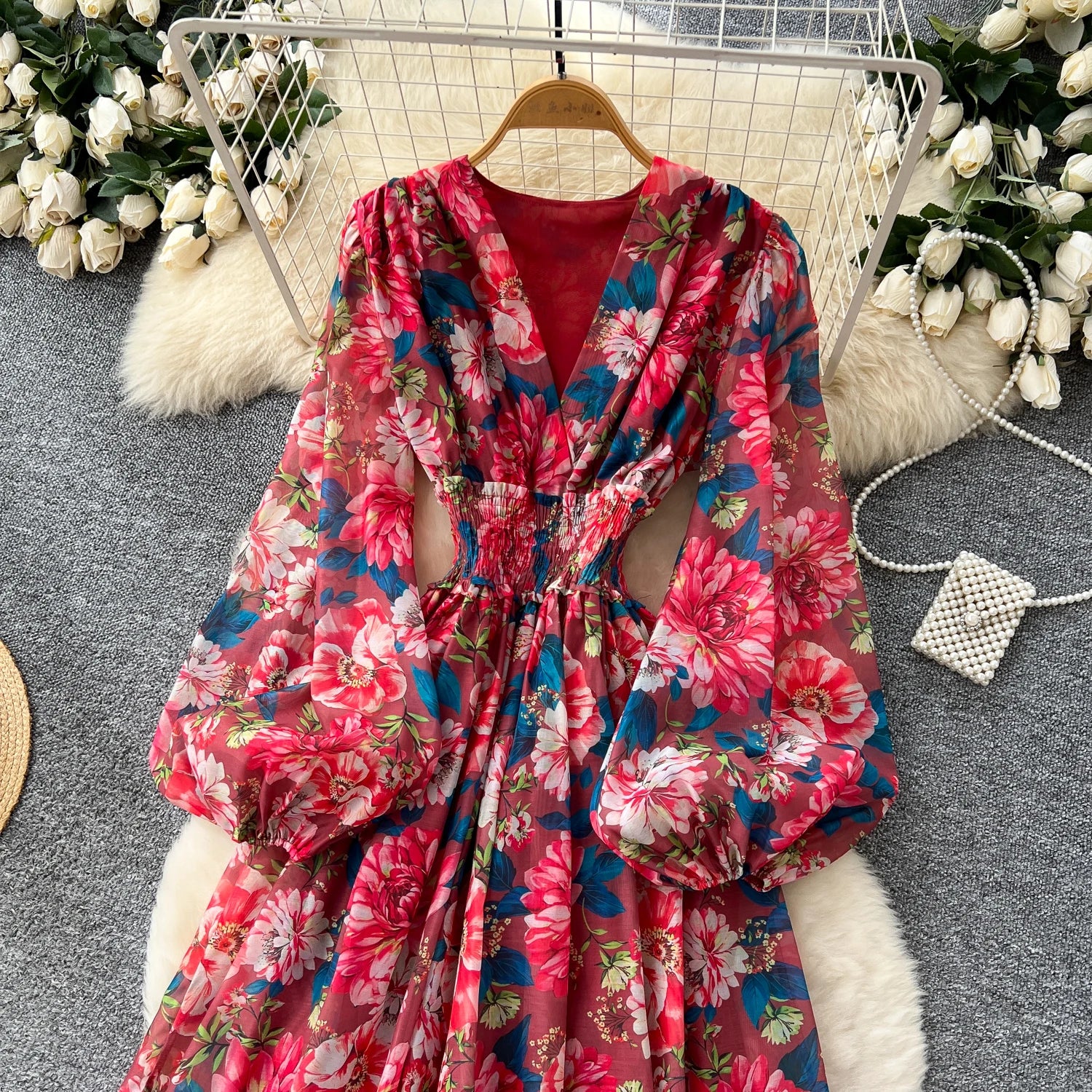 Chic vintage long sleeve lantern sleeve V-neck print pleated Elegant Fairy korean dress women clothing Long dress