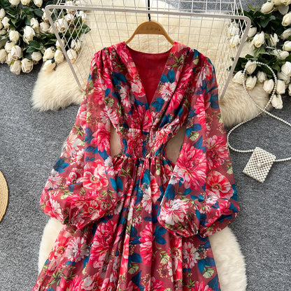 Chic vintage long sleeve lantern sleeve V-neck print pleated Elegant Fairy korean dress women clothing Long dress