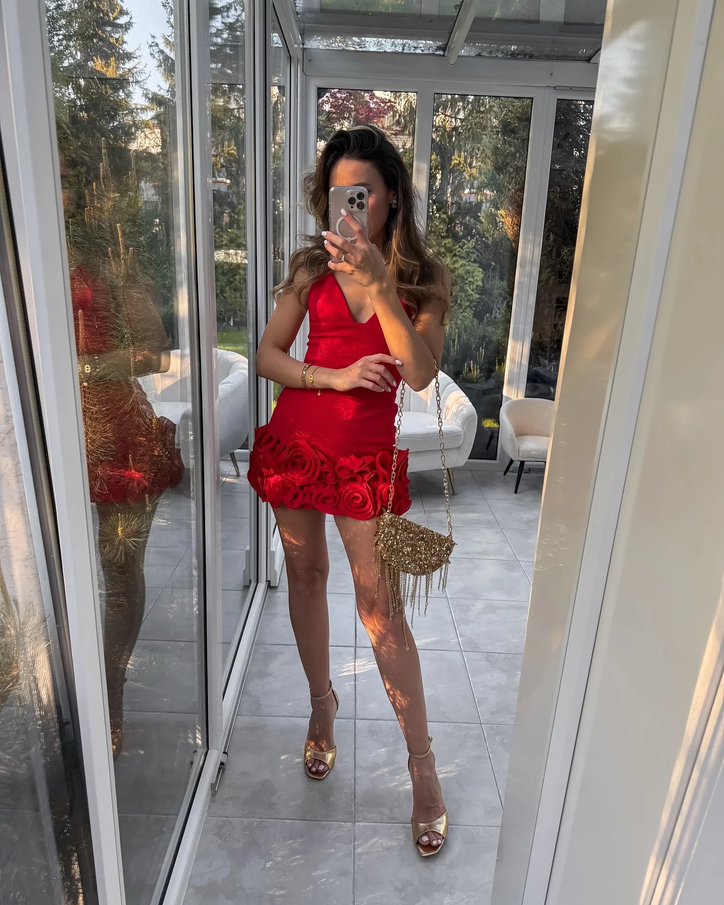 Red 3d Flower Splicing Sling Short Dresses Women Elegant V Neck Sleeveless High Waist Mini Dress Summer New Party Lady Robes