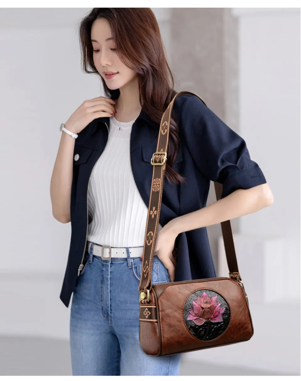 Three Layers Women Handbag Soft Leather Shoulder Crossbody Bags for Women Flower Print Ladies Messenger Bag with WIde Strap