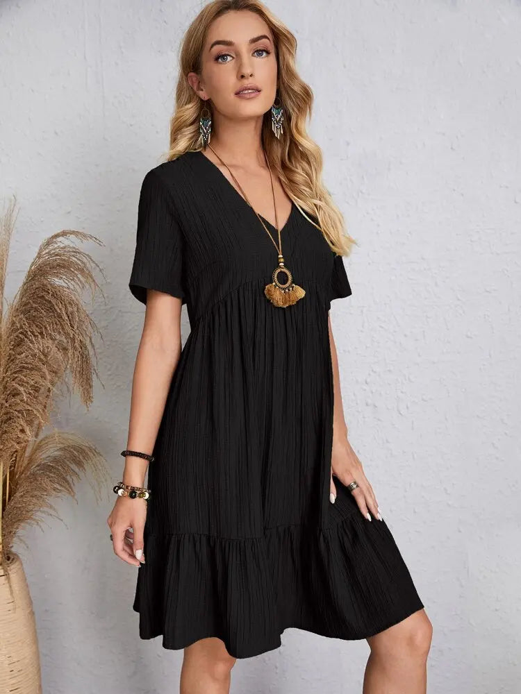 Women Elegant Short Sleeve V Neck Ruffles Dress Summer Casual Solid Loose Mini Dress Chic Bohemian Sundress Beach Party Vestidos Badiee Stylez