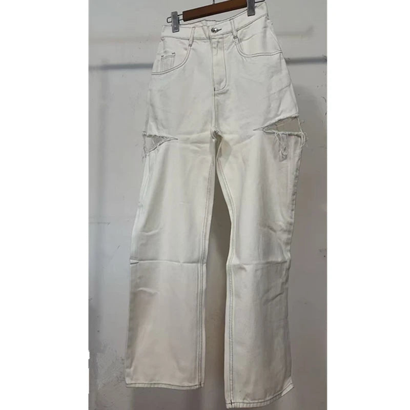 Dave&Di Summer British High Street Retro Loose Jeans With High Waist Wide Legs Broken Jeans For Women Boyfriend Style Mom Jeans