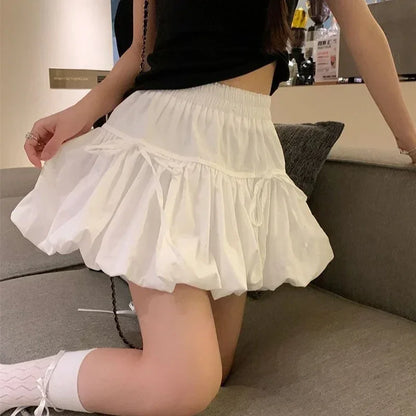 Sweet Bowknot A Line Skirts for Women 2025 Korean Style Pleated Cake Short Skirts Woman Summer Solid Color High Waist Mini Skirt WHITE