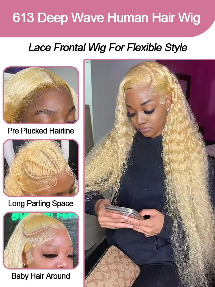 Deep Wave 13x6 HD Lace Frontal Human Hair Wig 30 40 Inch Curly 613 Honey Blonde Water Wave 13x4 Lace Front Wigs For Women 250% Badiee Stylez