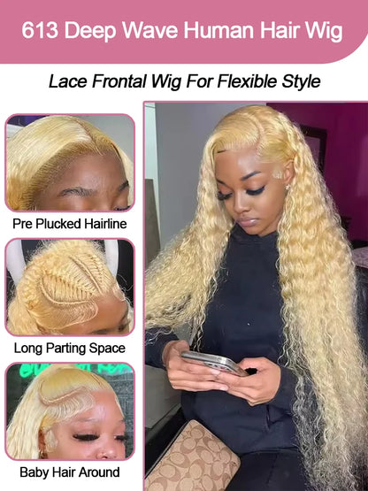 Deep Wave 13x6 HD Lace Frontal Human Hair Wig 30 40 Inch Curly 613 Honey Blonde Water Wave 13x4 Lace Front Wigs For Women 250% Badiee Stylez
