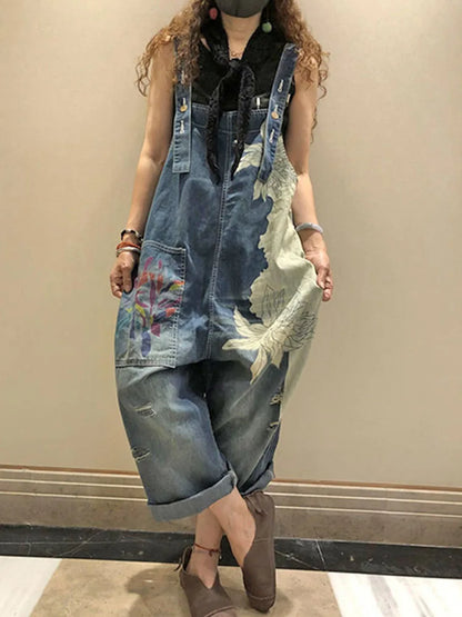 AmaxluluE 2025 Females Fashion Overalls Ladies Summer Printed Denim Pantalons Vintage Casual Jeans Womens Loose Vintage Trousers