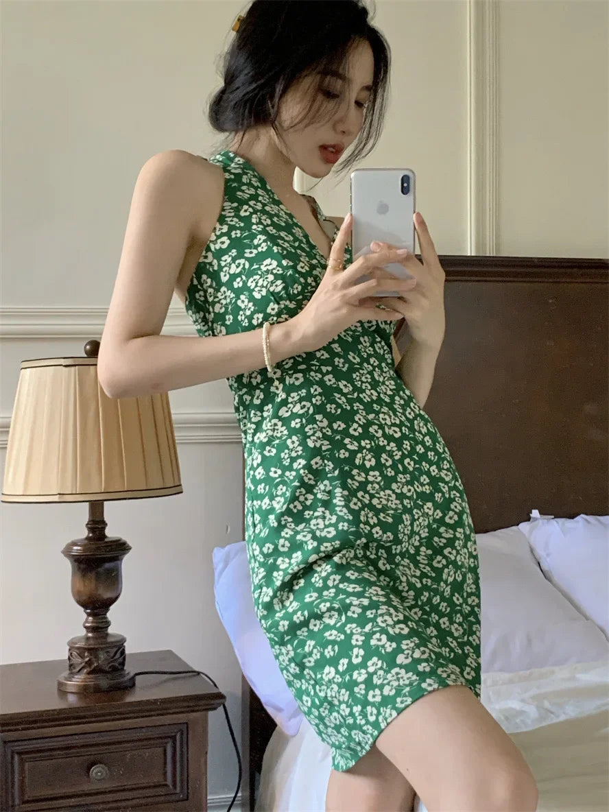 Women Mini Dresses Summer Fashion Female Vestidos Print Floral Chiffon Dresses Shirring Pleated Short Puffy Sleeve Casual Dress green