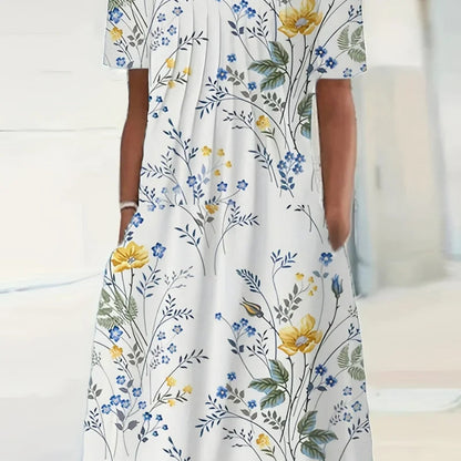 2024 New Spring And Summer Women's Elegant Large Skirt Round Neck Printed Short-sleeved Dress Badiee Stylez