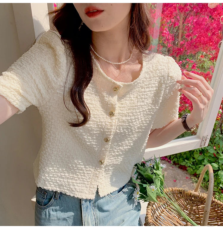 New Summer Short Sleeve O-Neck Women Shirt Sweet White Shirt Blouse Women Tops 2025 Blouses Shirts Blusas Para Mujer Blusa XL183