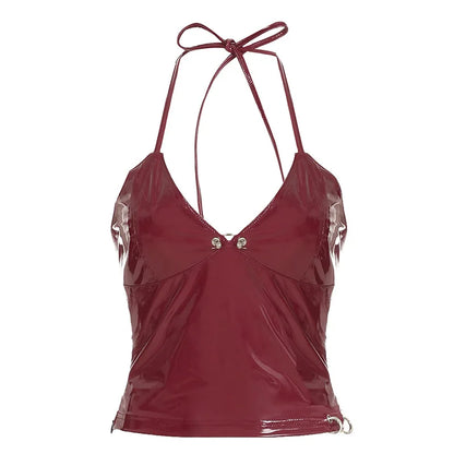 New y2k Solid Metal Button Women’s Halter Tops Sleeveless Pu Leather Punk Baddie Slim Women Blouses Streetwear Clothing Crop Top