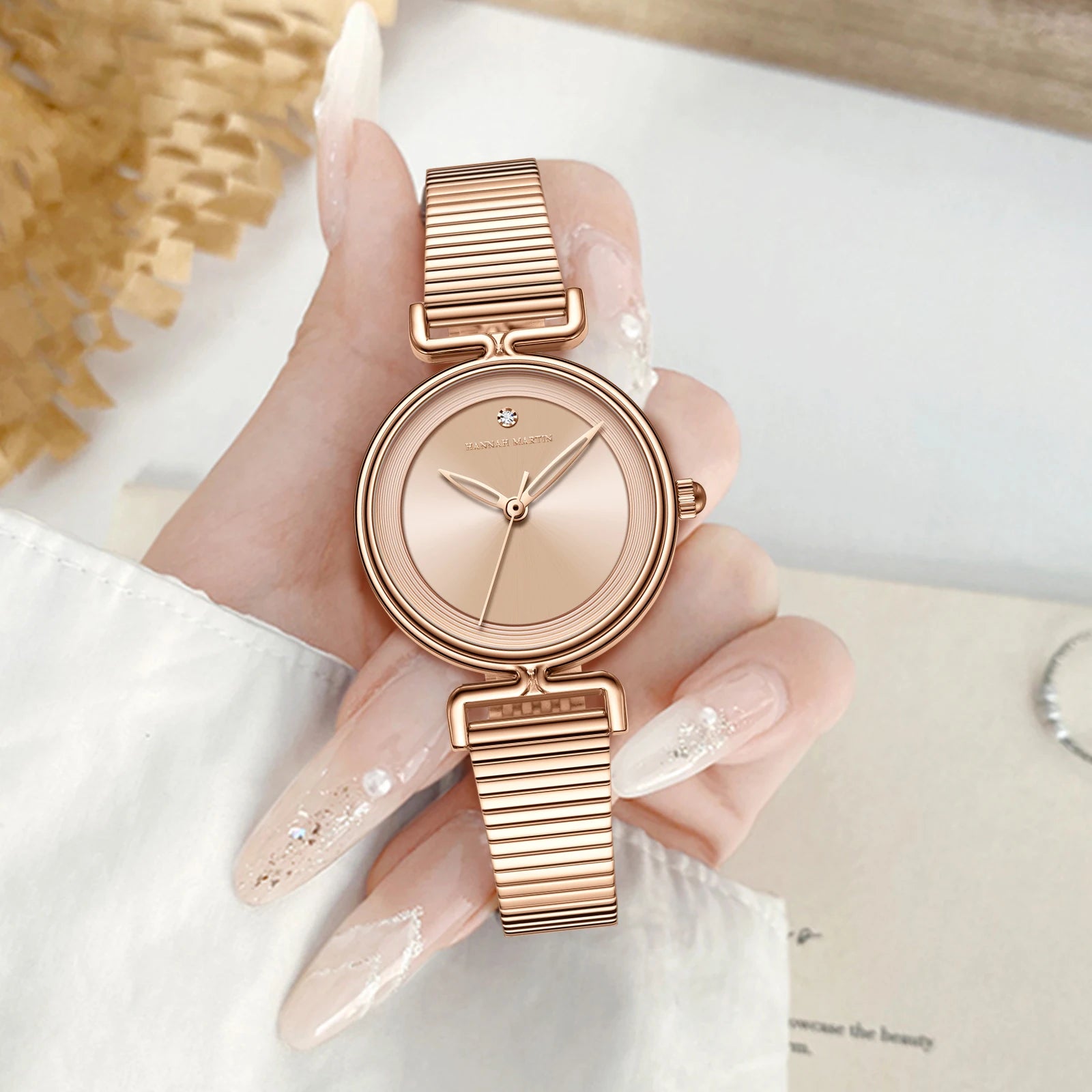 Women Quartz Watch Fashionable Simple Style Japanese Movement Rhinestone Rose Gold Stainless Steel Mesh Luxury Watch for Ladies
