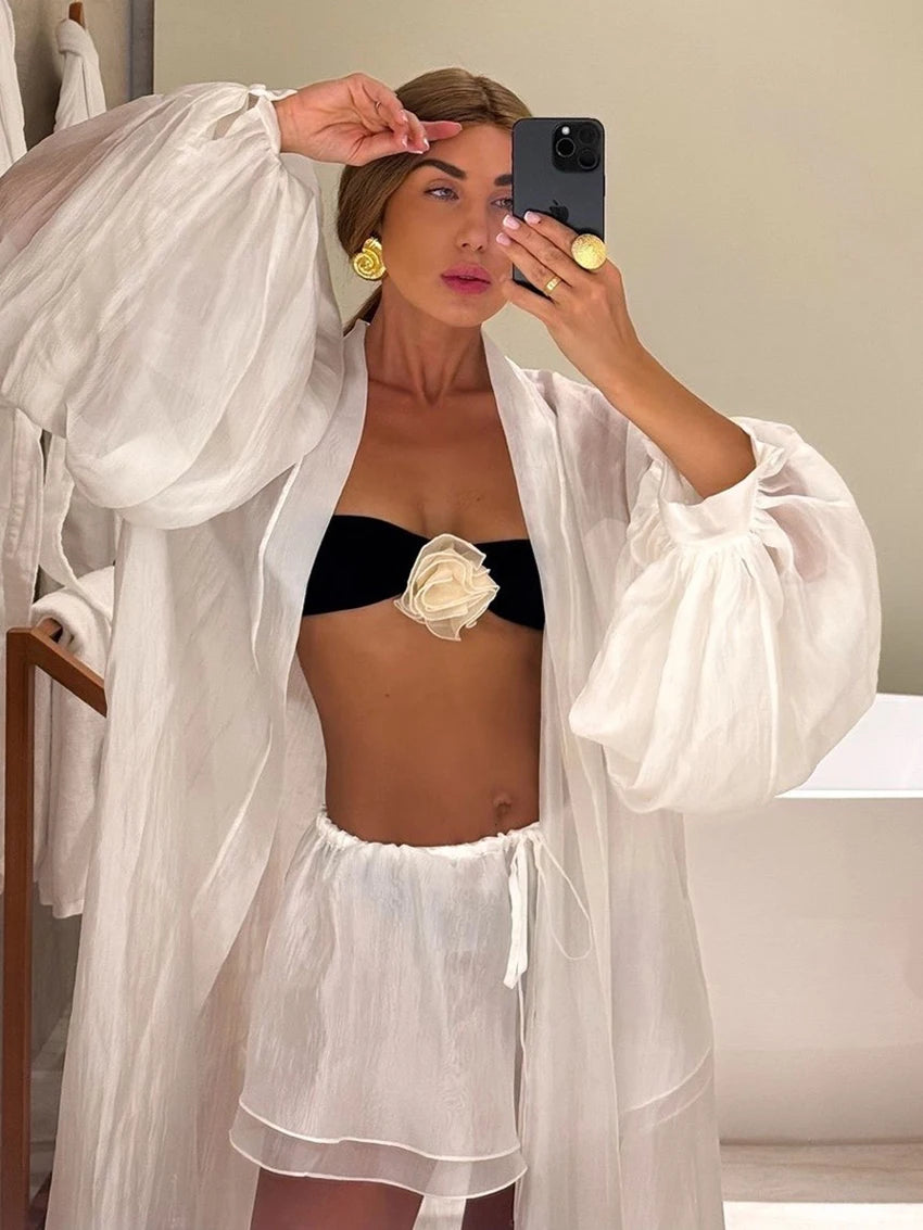 Marthaqiqi Casual Ladies Pajama Set Long Sleeve Nightie Sexy V-Neck Sleepwear Lace Up Nightwear Shorts Loose Home Clothes Female WHITE CN