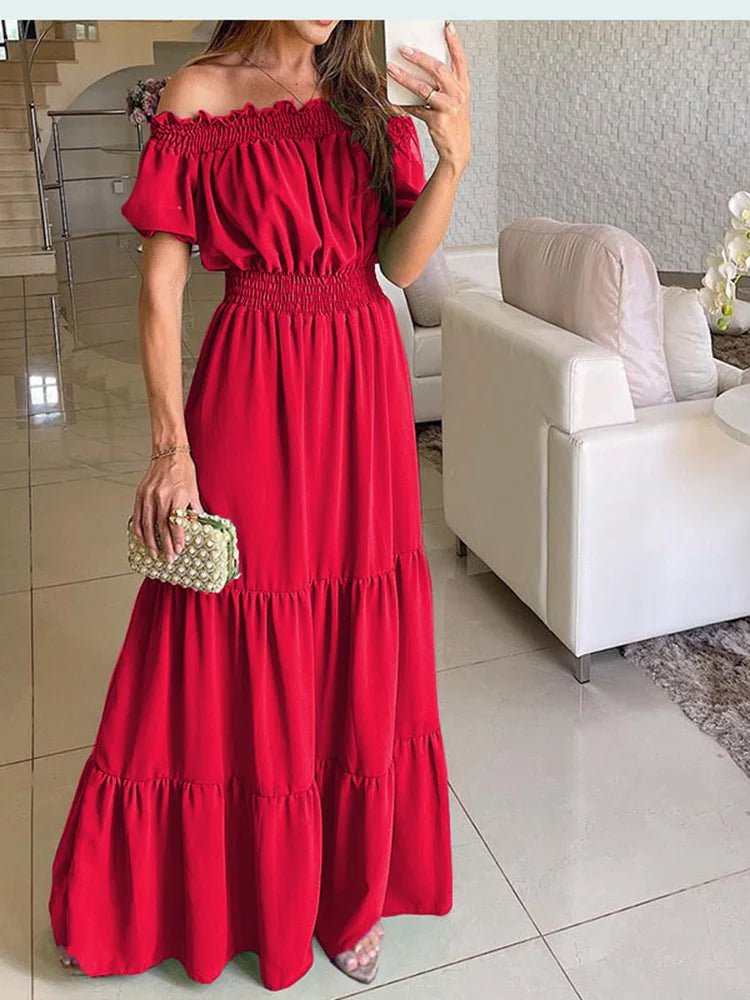 2025 Summer Solid Boho Dress Women Fashion Elegant Beach Party Dress Casual Slash Neck Office Maxi Dresses For Woman Robe Femme