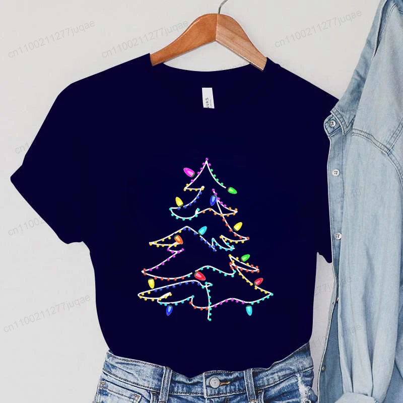 Women's Casual T-Shirts Christmas Lights Xmas Tree Print T-Shirt Christmas Party Design Tops Short Sleeve Ladies T Shirts Tops