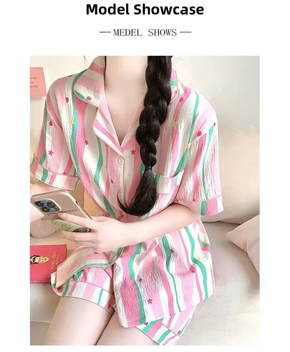 Cute Girl's Summer Cotton Linen ort Sve Nightgown Home Clothes Set Bear Print Gauze Spwear Simple Home Sle