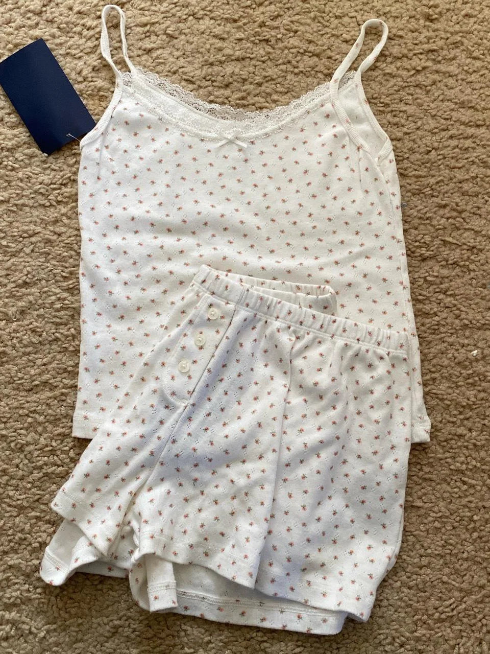 Blue Striped Tank Shorts Pajama Set Women Summer Sleeveless Crop Top+Elastic Waist Straight Short Pant Cotton Home 2 Piece Sets Pink floral set One Size