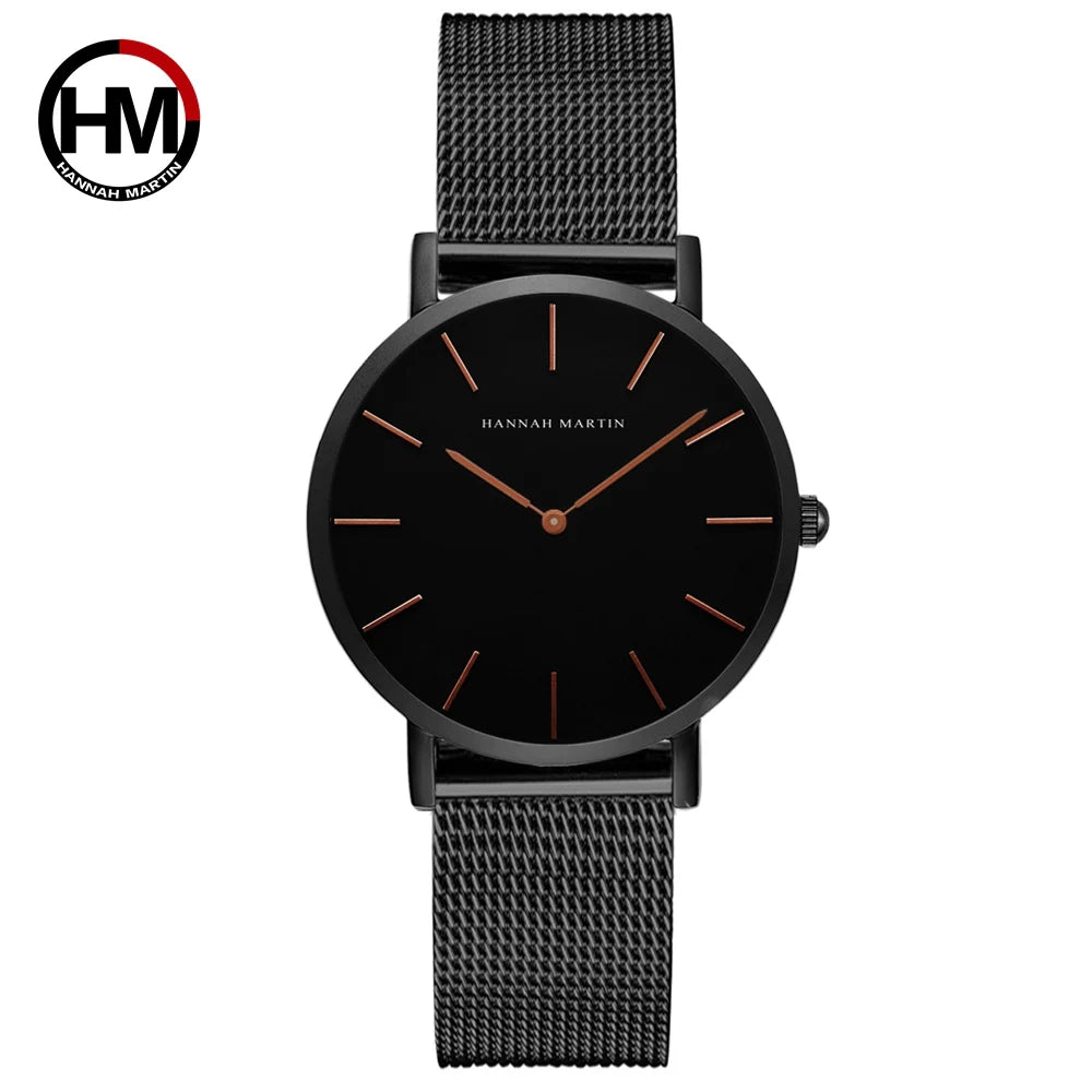 HANNAH MARTIN Brand Classic Women Quartz Watch 36mm Rose Gold Stainless Steel Mesh Strap Japanese Movement Girl Gift Wrist Watch CH36-WFH