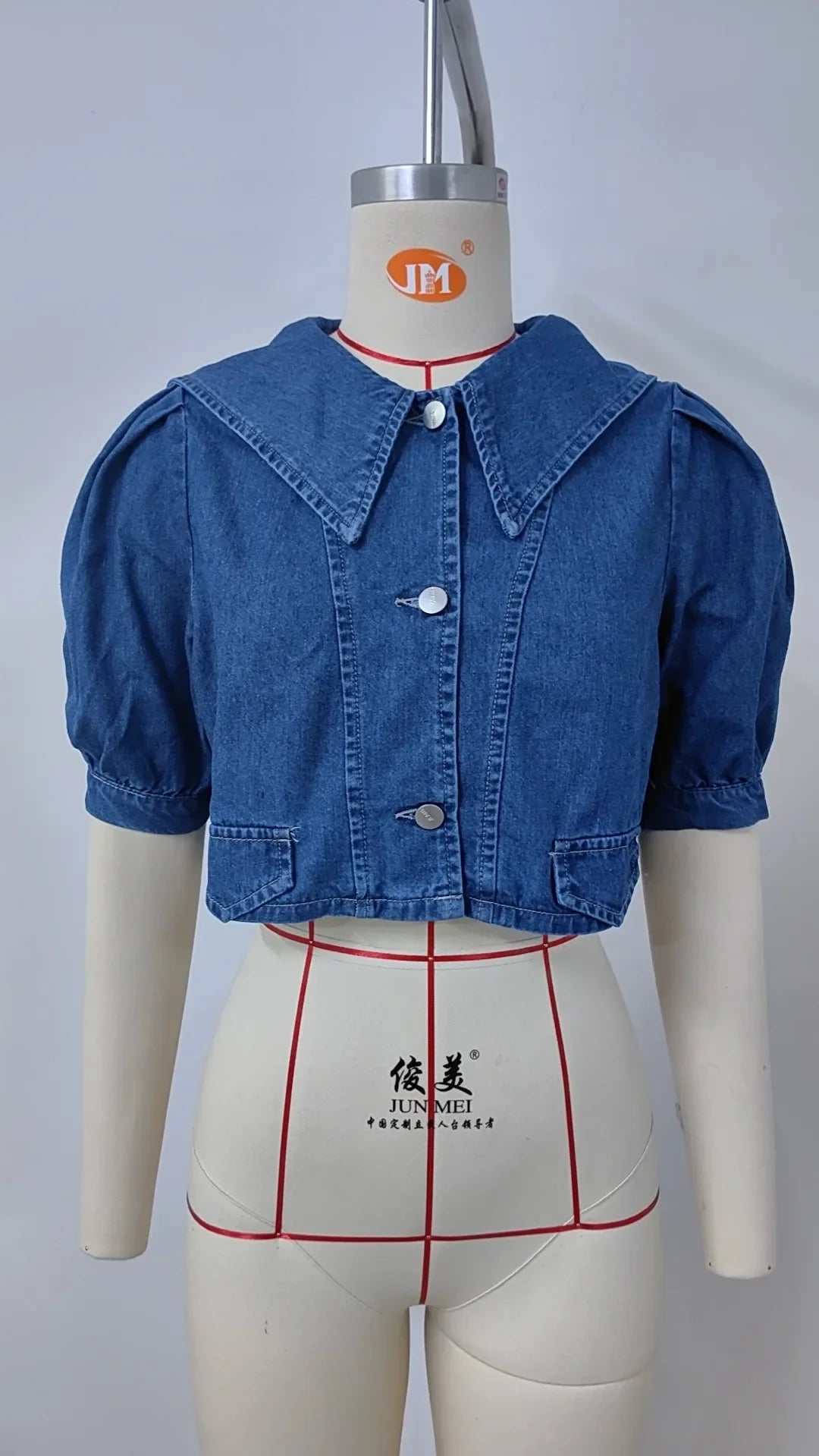 Women Denim Jacket Sailor Collar Single Breasted Coat Half Sleeve Cardigan Outerwear Basics Solid Slim Pockets Washing Slim