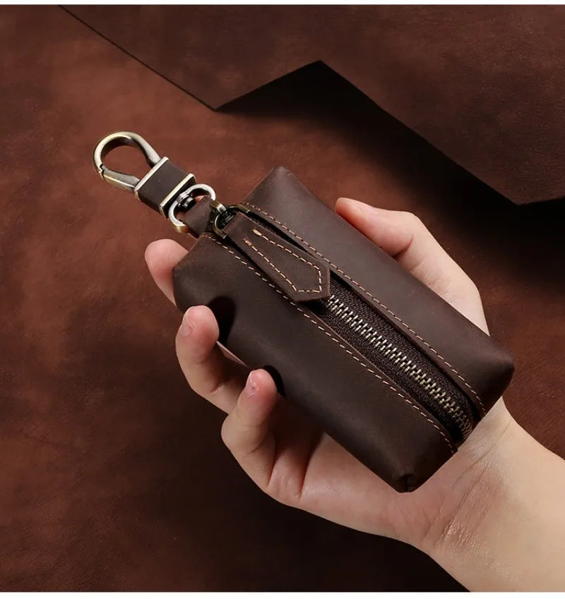 Genuine Leather Zipper Car Key Case Coin Purse Wallet with Key Car Smart Change Purse Coin Pouch Keychain Holder for Men Women