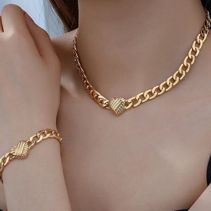 Minimalist Heart Shape Hollow Collarbone Chain Bracelet Set For Women Holiday Party Gift Fashion Jewelry CS009 CS009-XL100