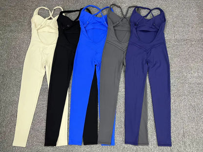 Rompers Yoga Sets Solid Black Hollow Out Bandage Backless Cross Jumpsuit for Women Fitness One-piece Gym Clothing Tracksuit