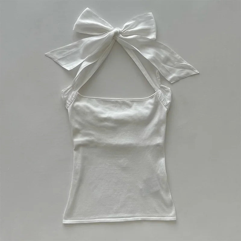 Y2K Womens Daily Clothing Summer Female Soft 2000s Vintage Harajuku Thin Artsy Skinny Minimalist Personality Bow Classic T-shirt White 3