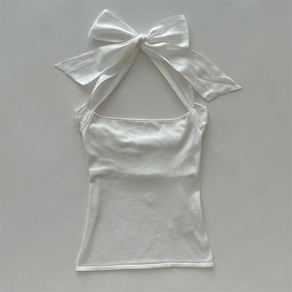 Y2K Womens Daily Clothing Summer Female Soft 2000s Vintage Harajuku Thin Artsy Skinny Minimalist Personality Bow Classic T-shirt White 3