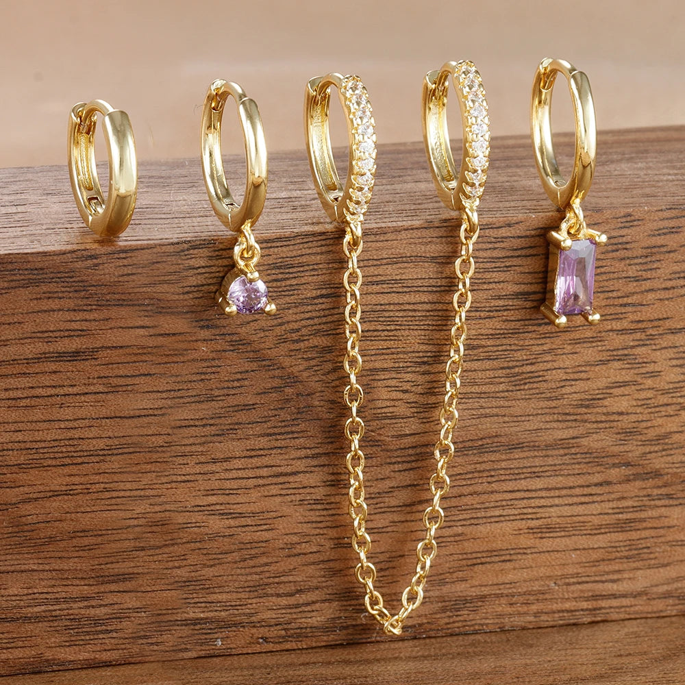 4PCS Exquisite Stainless Steel Long Chain Pendant Earrings Set for Woman Little Huggies Hoop Earrings Cartilage Piercing Jewelry gold-purple-4pcs