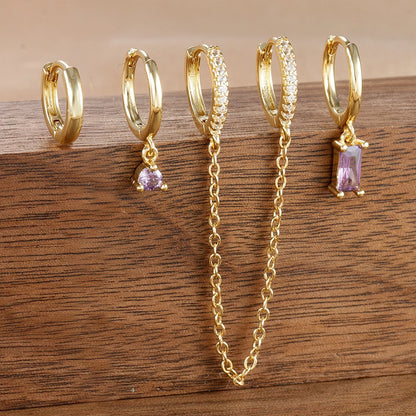4PCS Exquisite Stainless Steel Long Chain Pendant Earrings Set for Woman Little Huggies Hoop Earrings Cartilage Piercing Jewelry gold-purple-4pcs