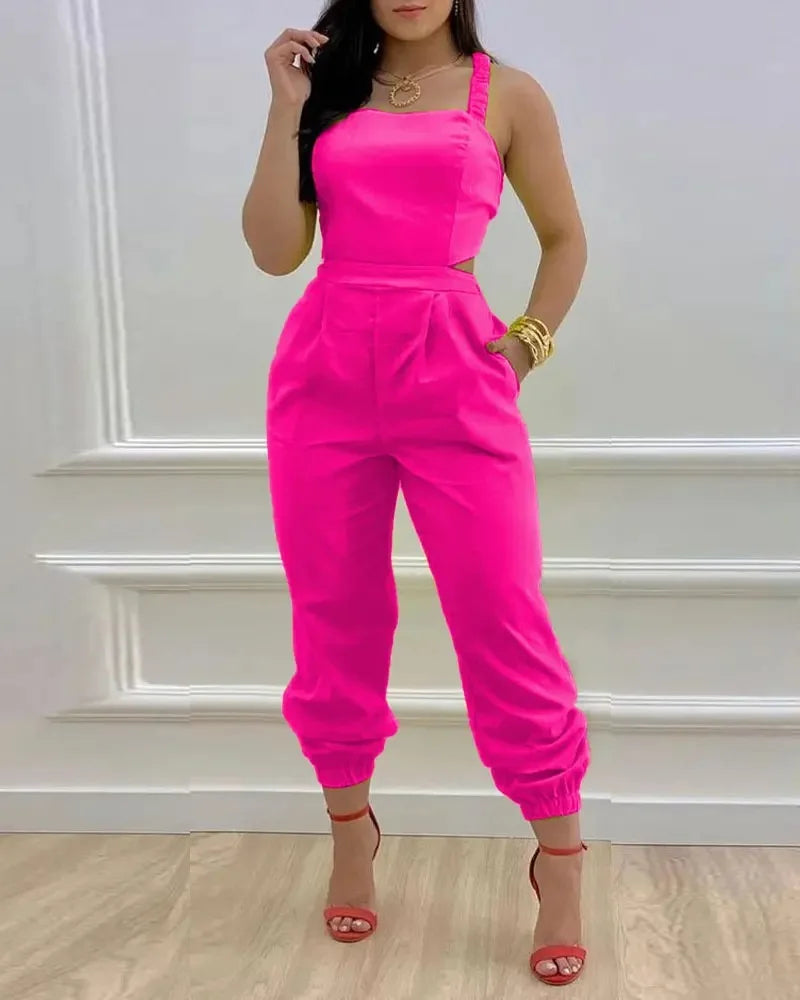 New Summer Fashion Printed Sleeveless Jumpsuit Sexy Hollow Backless Lace Up Long Jumpsuits Elegant Casual Jumpsuit With Pocket Badiee Stylez