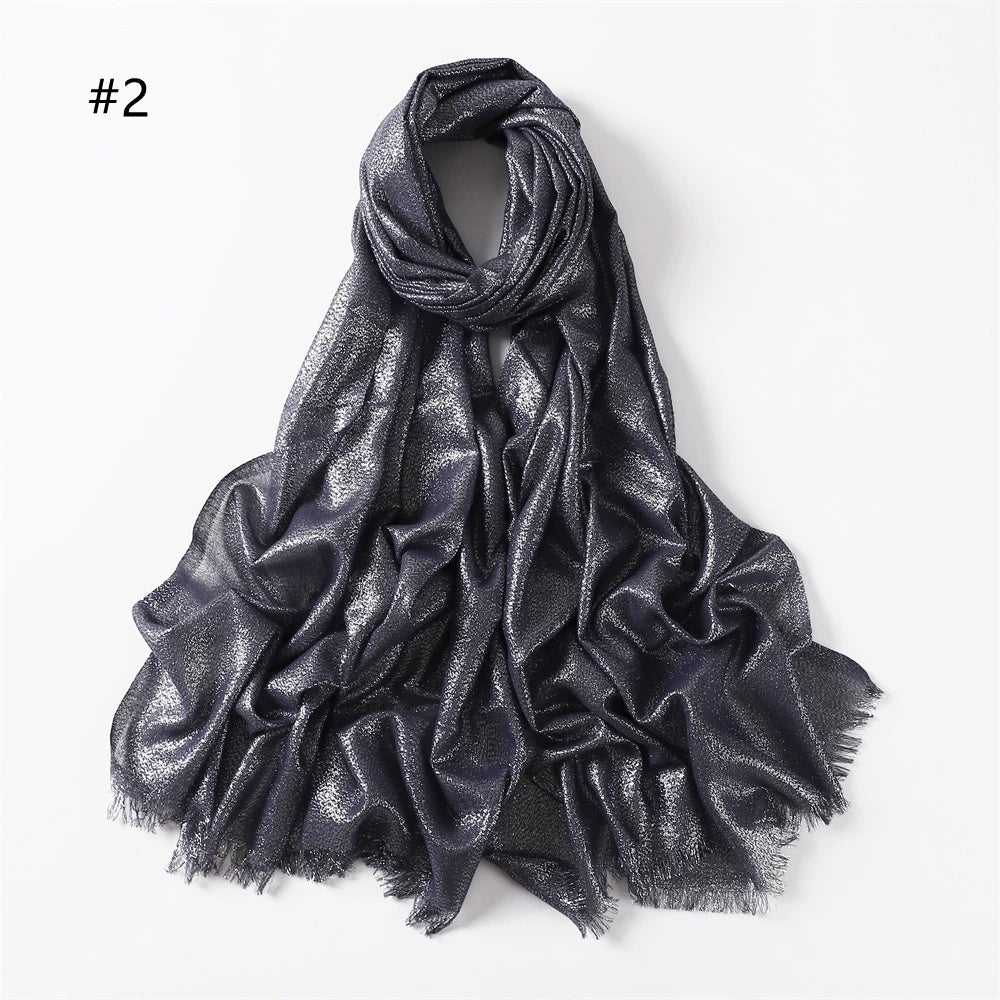 Lastest Brand Design Scarf Shiny Solid Color Shawls Rayon Fabric Gold Silk Silver Wire Head Shawl Fringe Hijab For Women