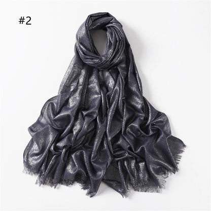 Lastest Brand Design Scarf Shiny Solid Color Shawls Rayon Fabric Gold Silk Silver Wire Head Shawl Fringe Hijab For Women