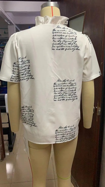 Casual Short Sleeve V-Neck Ruffles Blouses Elegant Office Ladies Shirt Summer Vintage Harajuku Slim Tops Female Boho Tunic Shirt