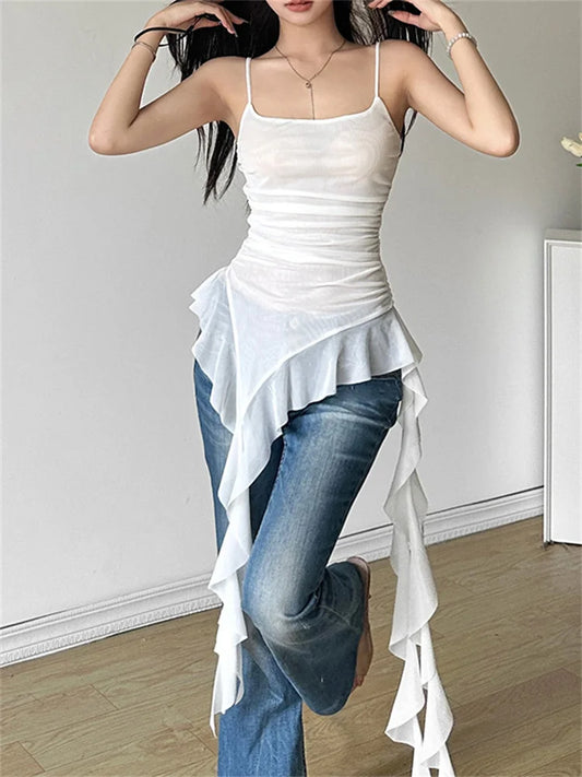 Nibber Sweet 2025 Summer Sisters Party Gradient Retro Ruffles Gentle Sexy Hot Cool Cool Women'S Thin Mini Tassel Sling Dress WHITE