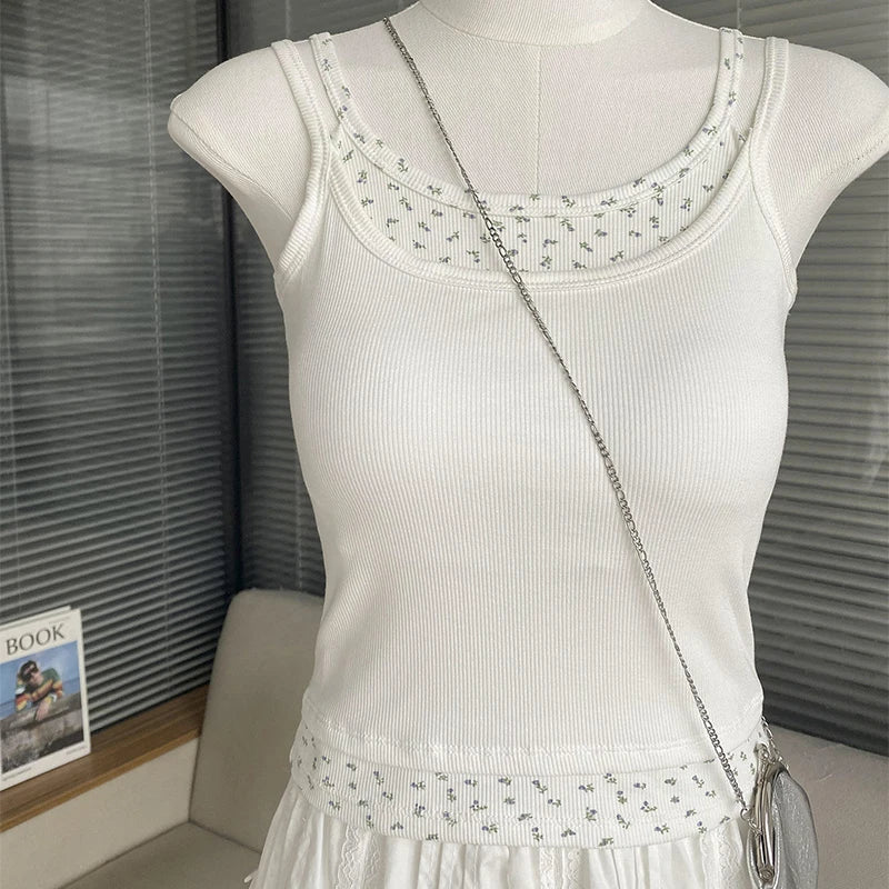 Women Sweet Patchwork Floral Printing Tank Tops With Bra Pad Sexy Off Shoulder Spaghetti Strapy Top Summer Worn Outside Camisole