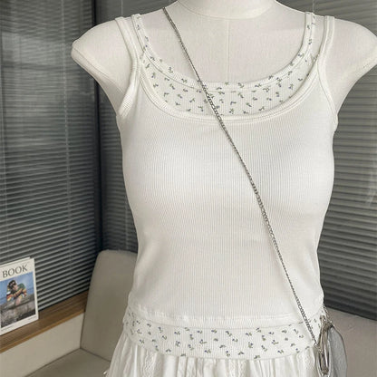 Women Sweet Patchwork Floral Printing Tank Tops With Bra Pad Sexy Off Shoulder Spaghetti Strapy Top Summer Worn Outside Camisole