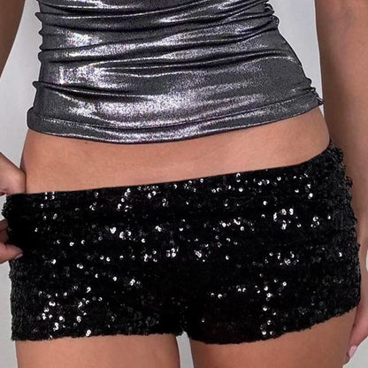 CIBBAR Party Style Skinny Sequin Shorts Solid Low Rise Slim-fitting Short Pants for Women y2k Aesthetic Streetwear Shorts Summer