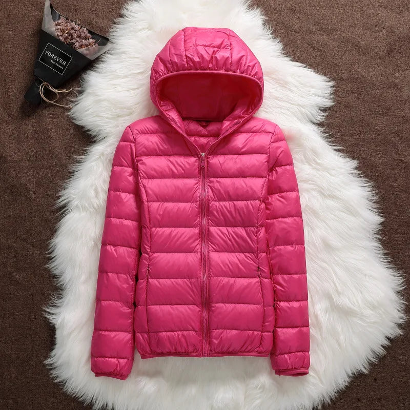 Plus Size 2023 Autumn and Winter New Women Lightweight Puffer Jacket Female Hooded Slim-fit White Duck Down Warm Short Coats Rose red