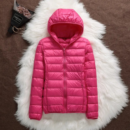 Plus Size 2023 Autumn and Winter New Women Lightweight Puffer Jacket Female Hooded Slim-fit White Duck Down Warm Short Coats Rose red