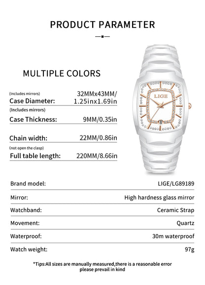 LIGE New Ladies Waterproof Watch Luxury Ceramic Braceletz Women Watches Creative Fashion Original Elegant Quartz Wristwatch Gift