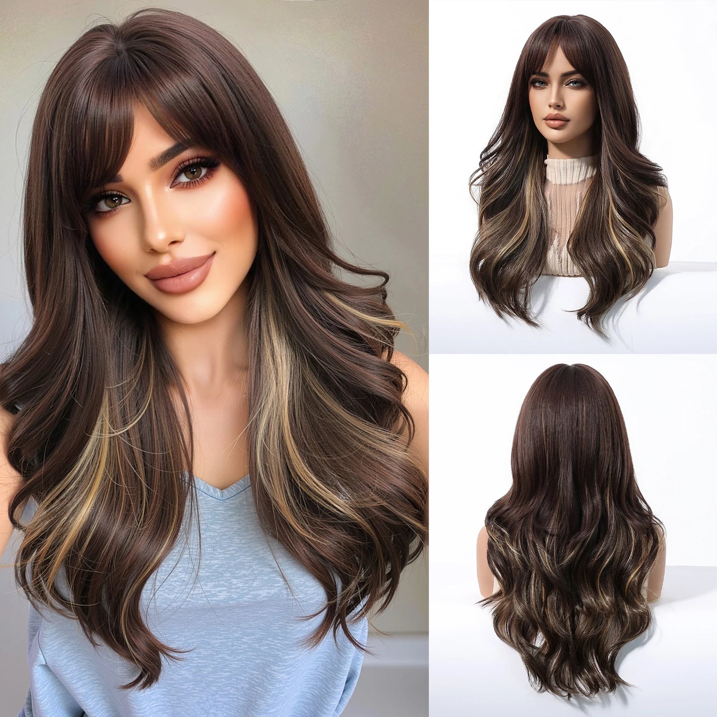 Brown Blonde Highlights Wigs Medium Length Wavy Synthetic Wig With Bangs Natural Body Wave Hair For Women Daily High Temperature LC2090-2