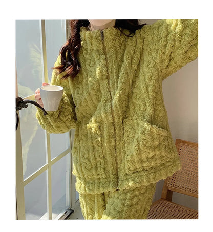 Large Size Flannel Pajamas Set Autumn Winter Female Sleepwear Trouser Suit Thicken Coral Fleece High Collar Lounge Wear Homewear