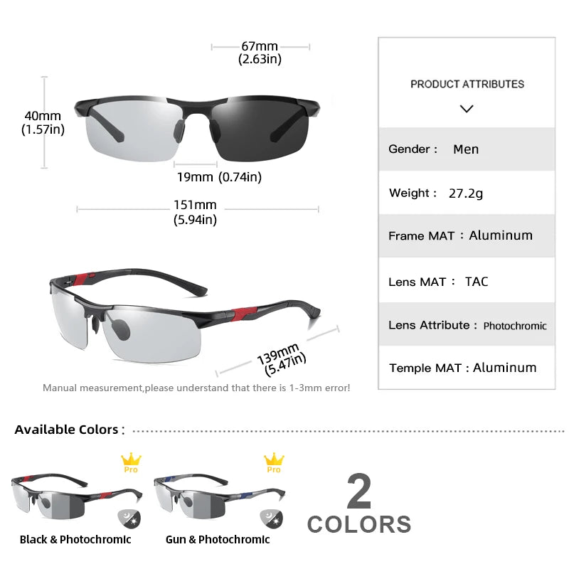SZTZX Aluminum Rimless Photochromic Sunglasses Men Polarized Day Night Driving Glasses Chameleon Anti-Glare Sport gafas de sol