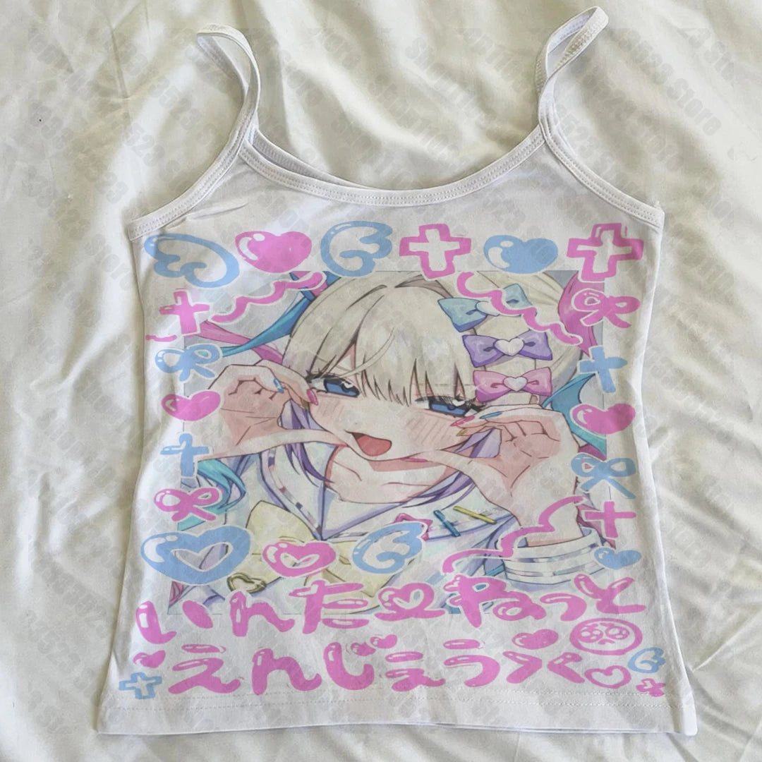 y2k Emo vintage Women Baby Tank Punk Retro Print Tank Tops Female Harajuku with 90S suspend Clothessleeveless Vest 2000s Summer WHITE