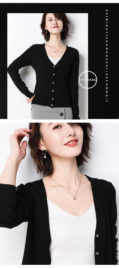 Women Cardigans 2025 Single Breasted Solid Knitted Shirt Spring Autumn Cardigan Korean Fashion V-neck Sweaters Knit Outerwear