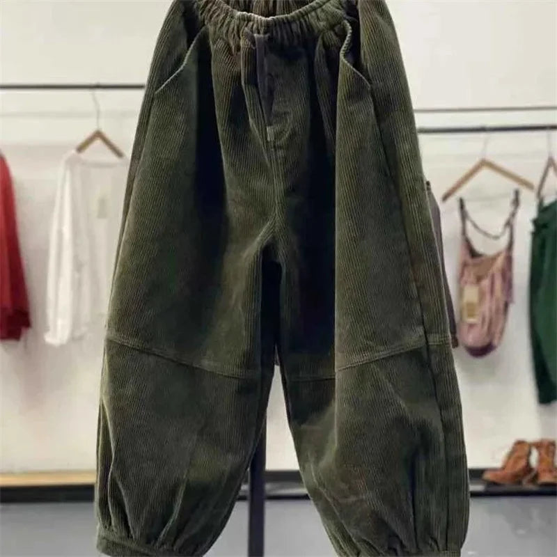 Ladies Large Size 4XL Corduroy Pantalons 2024 Female High Waist Add Velvet Casual Trousers Winter Women Loose Fit Lantern Pants Badiee Stylez