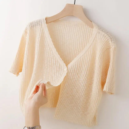 Ice Silk Knitted Cardigan Women's Summer Thin Short-sleeved Outer Wear Sun Protection Short Versatile Simple Commuter Top Beige